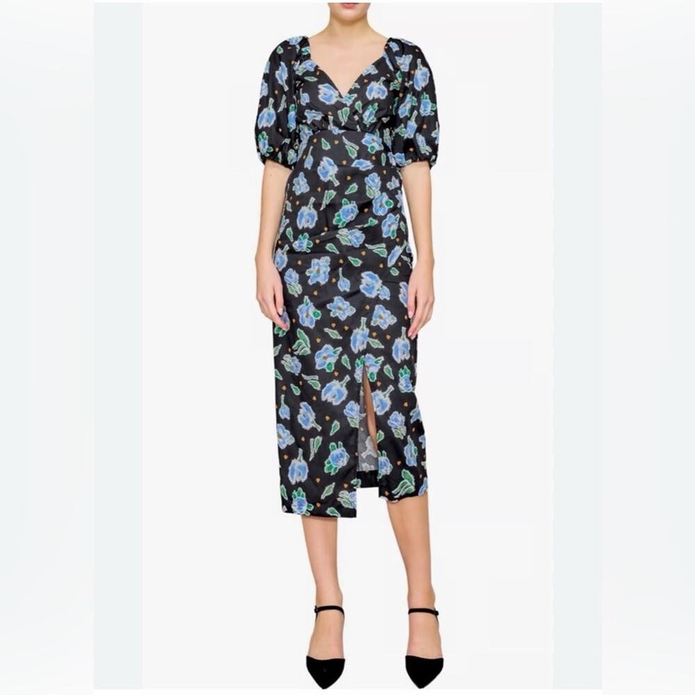 Melloday Women's Puff Sleeve Faux Wrap Midi Dress - Black Multi - S - NWT